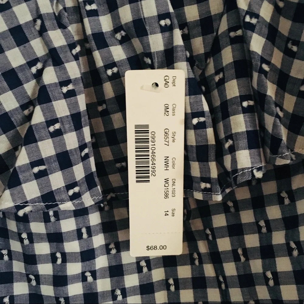 J. Crew Gingham Blue Ruffle Tie Shoulder Eyelet top